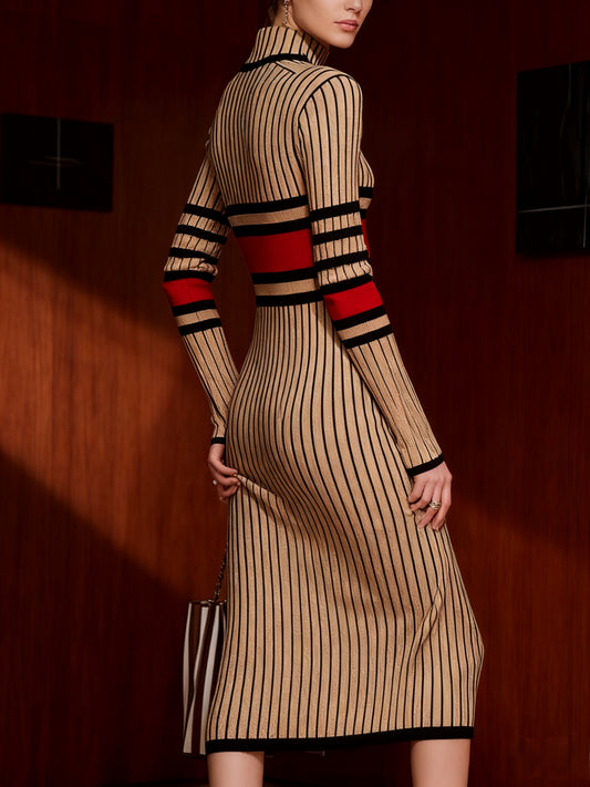 KIMKING Women's Slim-Fit Vintage Striped Sweater Dress - Turtleneck Mid-Length Winter Dress with Khaki/Black/Red Color-Block, Sweater Dress for Fall/Winter, Sizes S-XXL (No  Needed) Elegant Party/Office/Casual Wear
