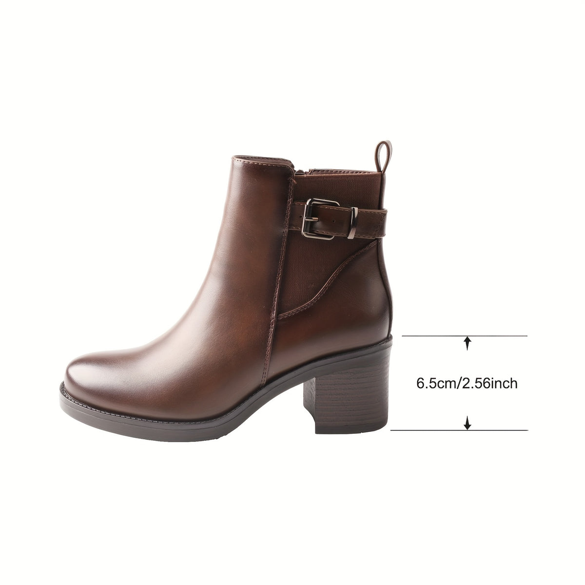 Women'S Classic Round Toe Ankle Boots, Solid Color Microfiber Upper, Fabric Lining, TPR Sole, Fabric Insole, with Side Zipper and Buckle Detail, for Casual Chic Short Boots with Thick Heel