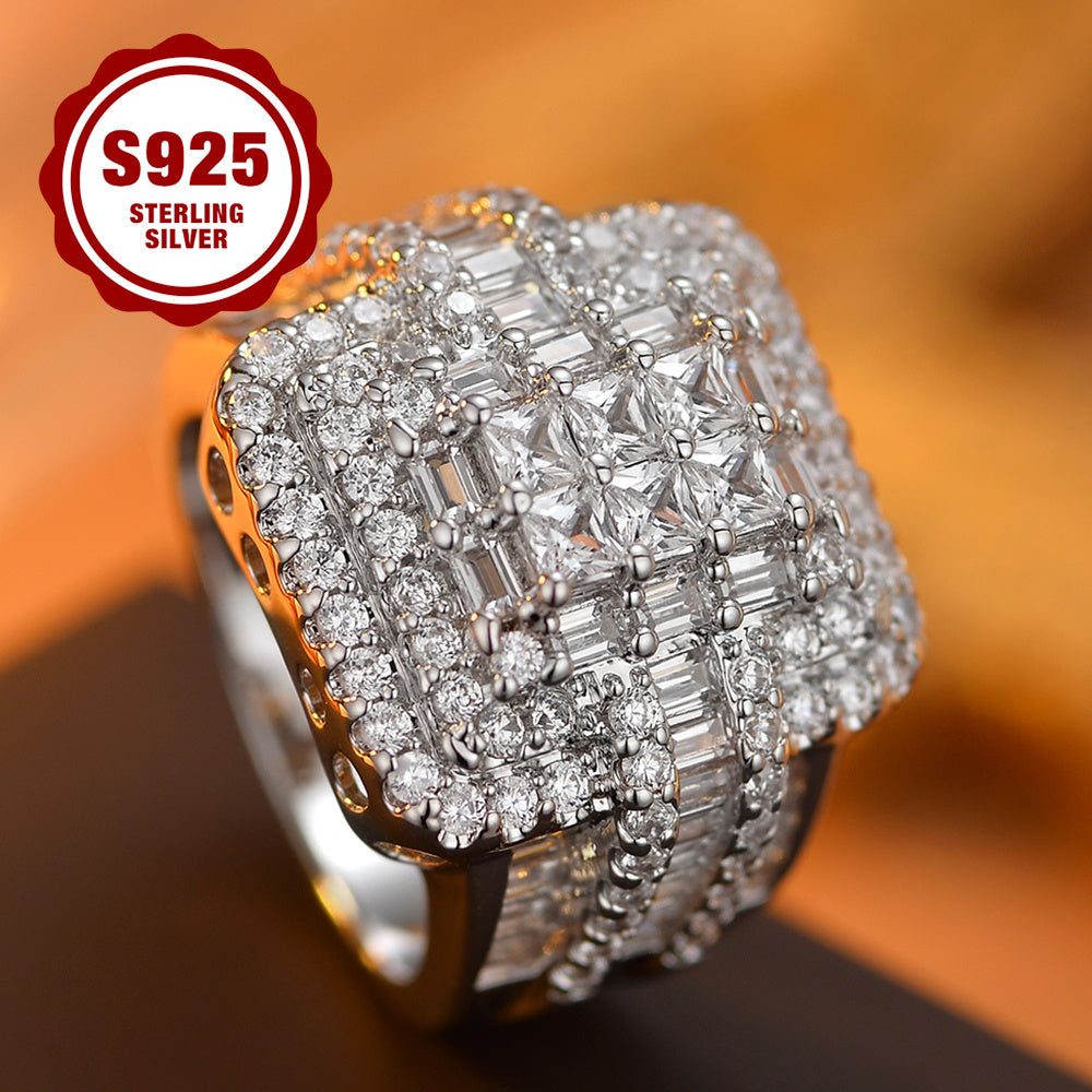 S925 Sterling Silver Wedding Ring for Women, Princess Square Design, Luxurious Cluster Setting, Suitable for Daily Wear, Proposal, Valentine'S Day Gift, Girlfriend, Mother Gift, 5A Zirconia, Rhodium Plated, All Seasons, Gift-