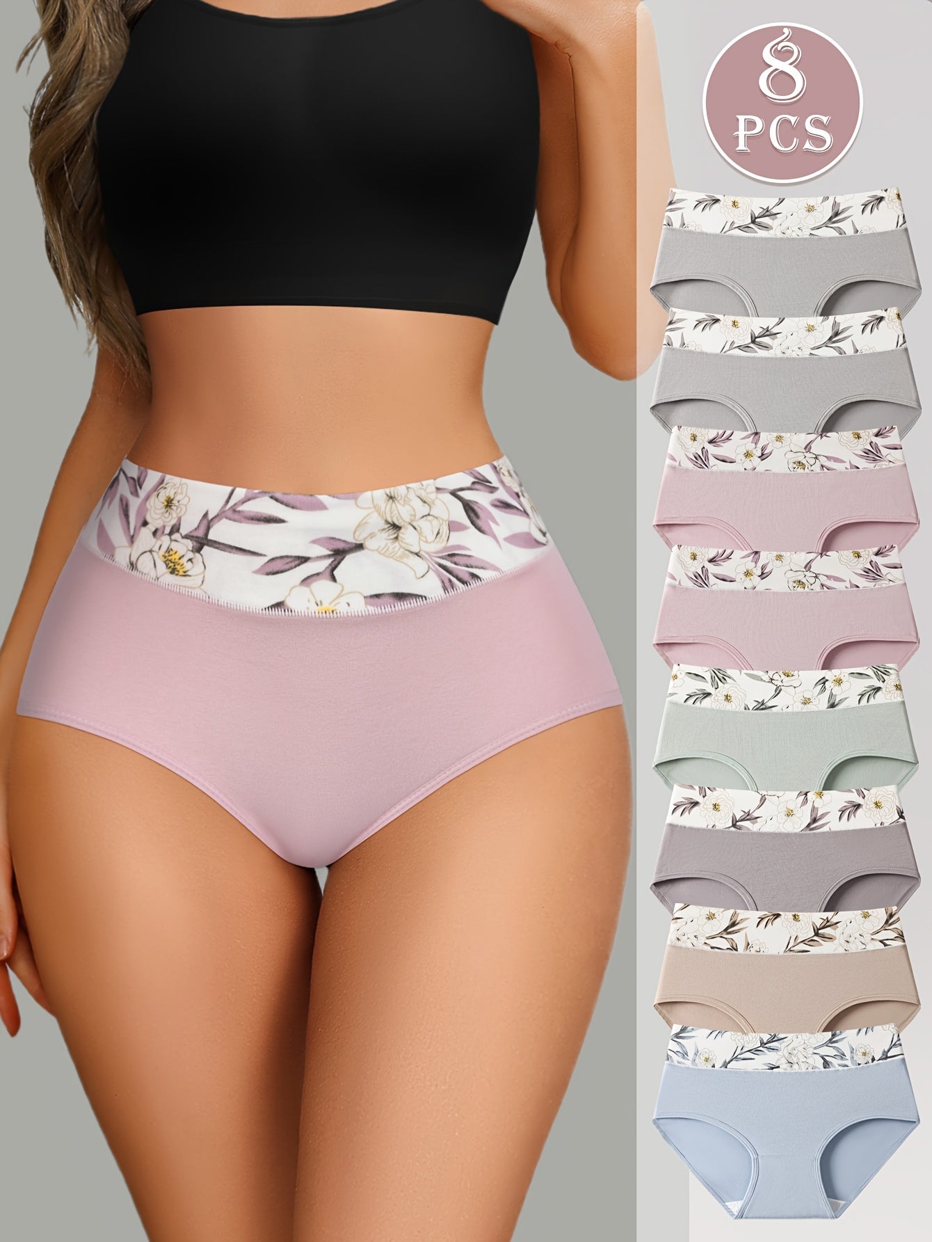8pcs Women's Floral Print Underwear - Soft Pink with White & Black Flowers, Breathable Elastic Waistband, Fashionable Romantic Briefs for Daily Wear, Comfortable & Stylish, Daily Wear Underwear | Floral Print Briefs | Breatha