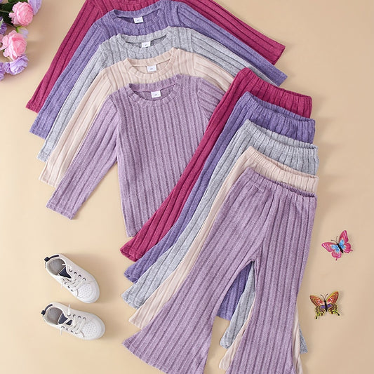 [Soft Knit Girls' Outfits] 10pcs Set of Girls' Soft Knit Casual Outfits | Ribbed Long Sleeve Flare Pants, Solid Color, Perfect for Outdoor