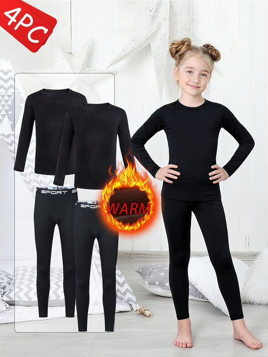 4pcs Girls' Sports Warm Fleece Set | Multi-Color Combination Fleece-Lined Tees & Yoga Pants | Crew Neck, High Stretch, Skin-Friendly, Suitable for All Seasons | Ideal for Dance, Yoga, Sports | Great New Year Gift for Friends.