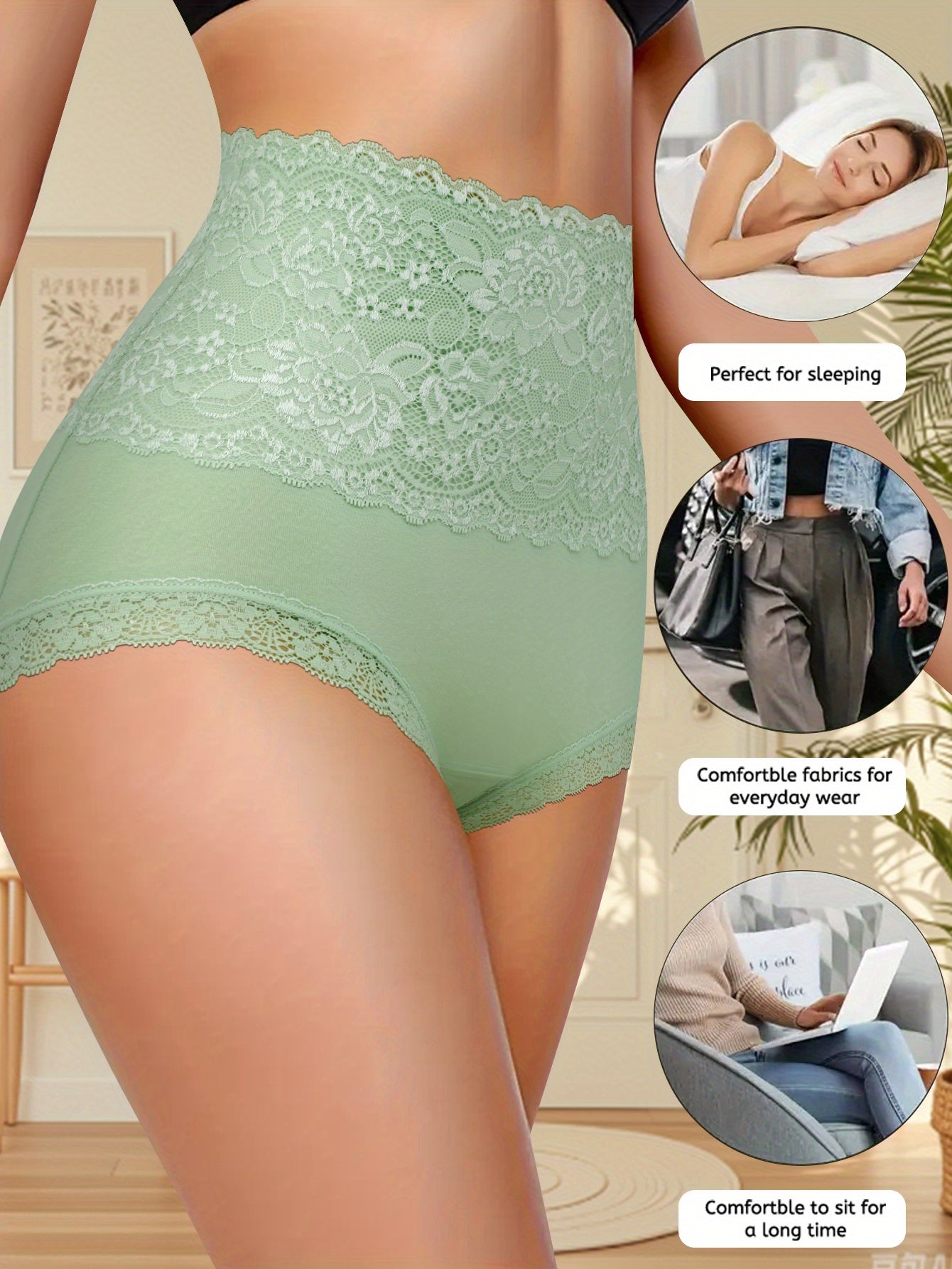 QUASTI Women's High-Waisted Panties , Lace-Trimmed Breathable Comfort Fit , Elegant Solid Color Contrast Lace Trim High Waistband , Versatile Underwear for Everyday & Special Occasions , 9pcs , Sophisticated Durable Fabric