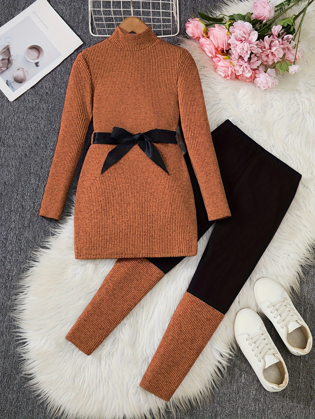 [Perfect for fall winter wear] 2pcs Girls' Autumn/Winter Set: High-Neck Long Sweater Dress with Contrast Patchwork Leggings - Fashion Casual Minimalist Style for Daily Outdoors, School Gathering, Back-to-School Season Fall Wi