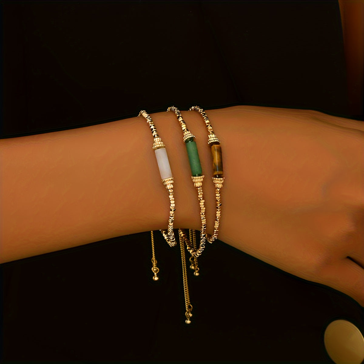 3pcs Women'S Fashion Bracelet Retro Fall/Winter Adjustable 1 Mils Golden Plating Natural Stone Handmade Beaded Bracelet Set for Everyday All-In-One Party Gifts Local Warehouse