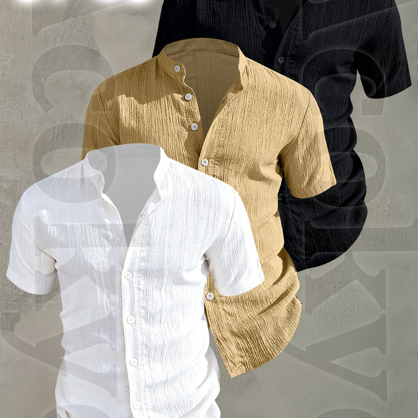 3pcs Set Men's Summer Short Sleeve Shirts • Lightweight Breathable Solid Color Button Casual Shirts with Stand Collar • Ideal for Beach Vacations, Pool Parties, and Daily Wear