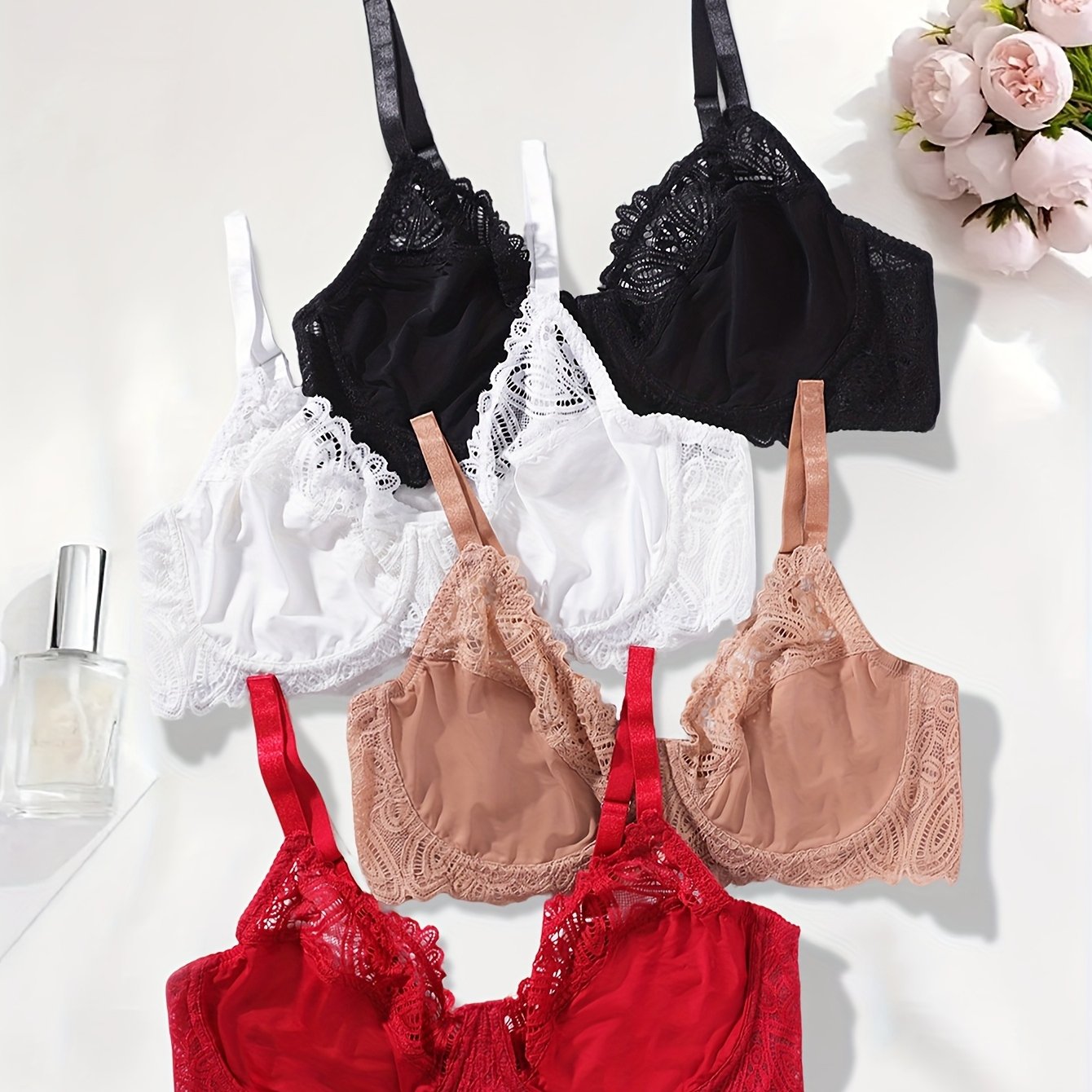 4pcs Plus Size Elegant Full Cover Underwire Lace Bra, Comfortable Fit, Breathable, Adjustable Straps Soft Stretch Fabric for All-Day Comfort- Perfect for Casual Attire, Plus Size Underwire Lightly Padded Bra, Women Bras for W