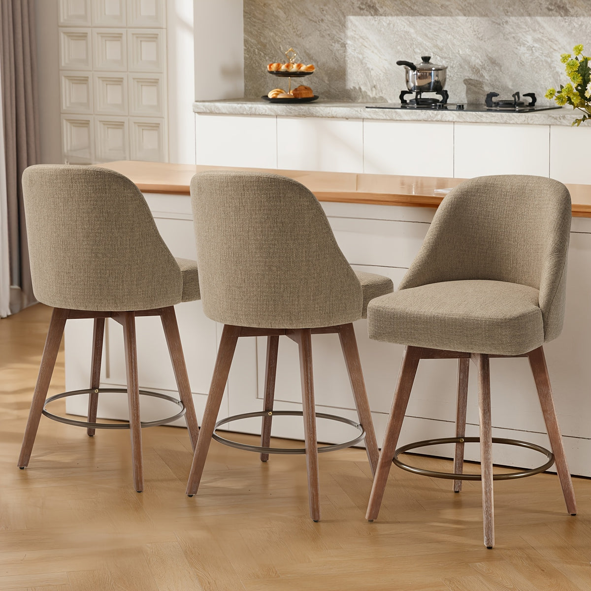 Modern Mid-Century Swivel Counter Height Bar Stools, Set of 3 with Backs, Linen Fabric Upholstered & Sturdy Wood Legs, 360° Swivel Base, 26" Seat Height, Easy Assembly, for Home Bar Dining or Modern Kitchen, Durable H