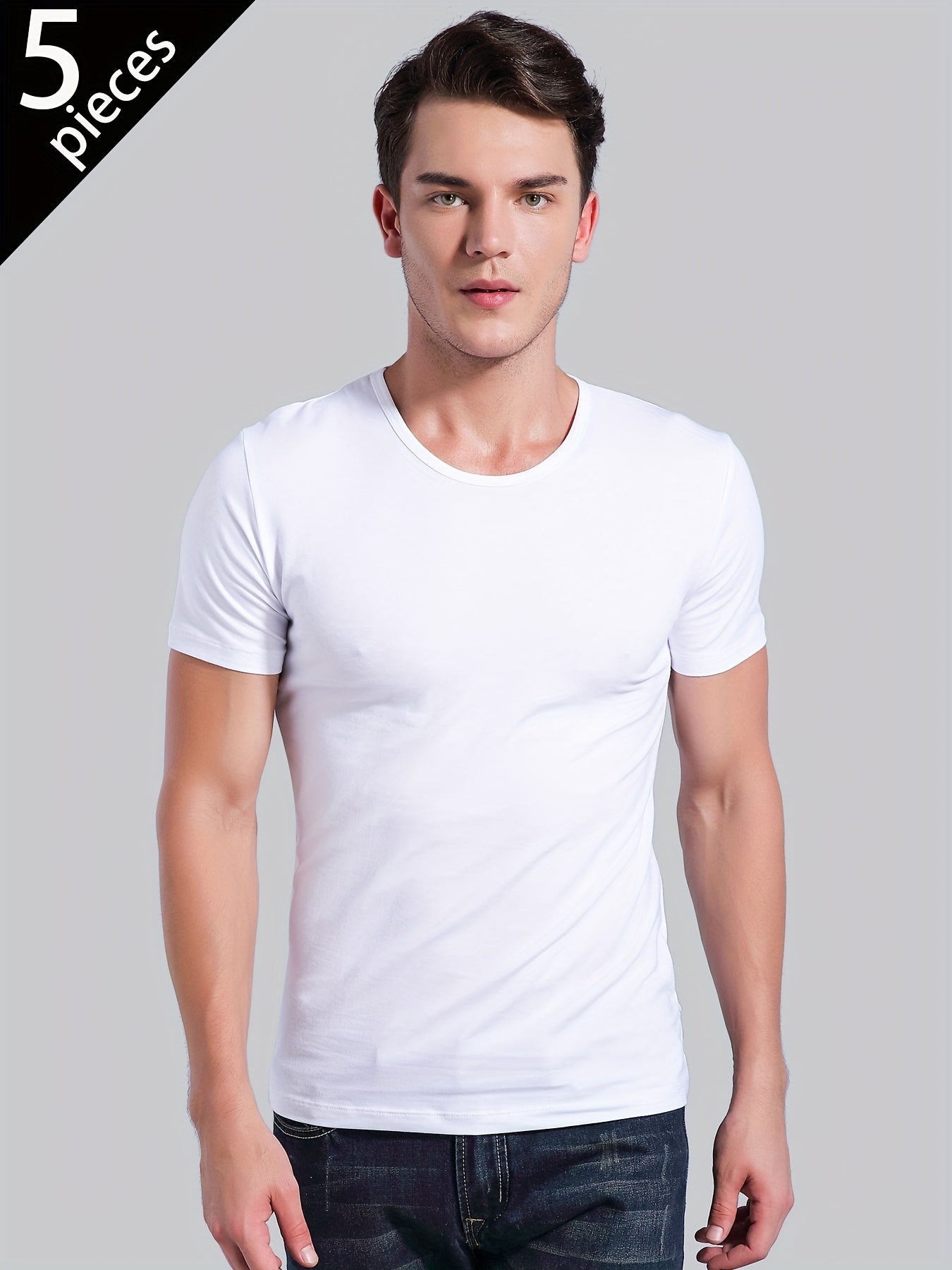 [5pcs Men's White Tees] 5pcs Men's White Solid Color Short-Sleeve T-Shirts - Tight-Fit Breathable Round Neck Gym Basic Tees for Fitness, Underwear & Layering | Year-Round Casual Wear | Bulk Pack for Cost Savings (s/SMen)
