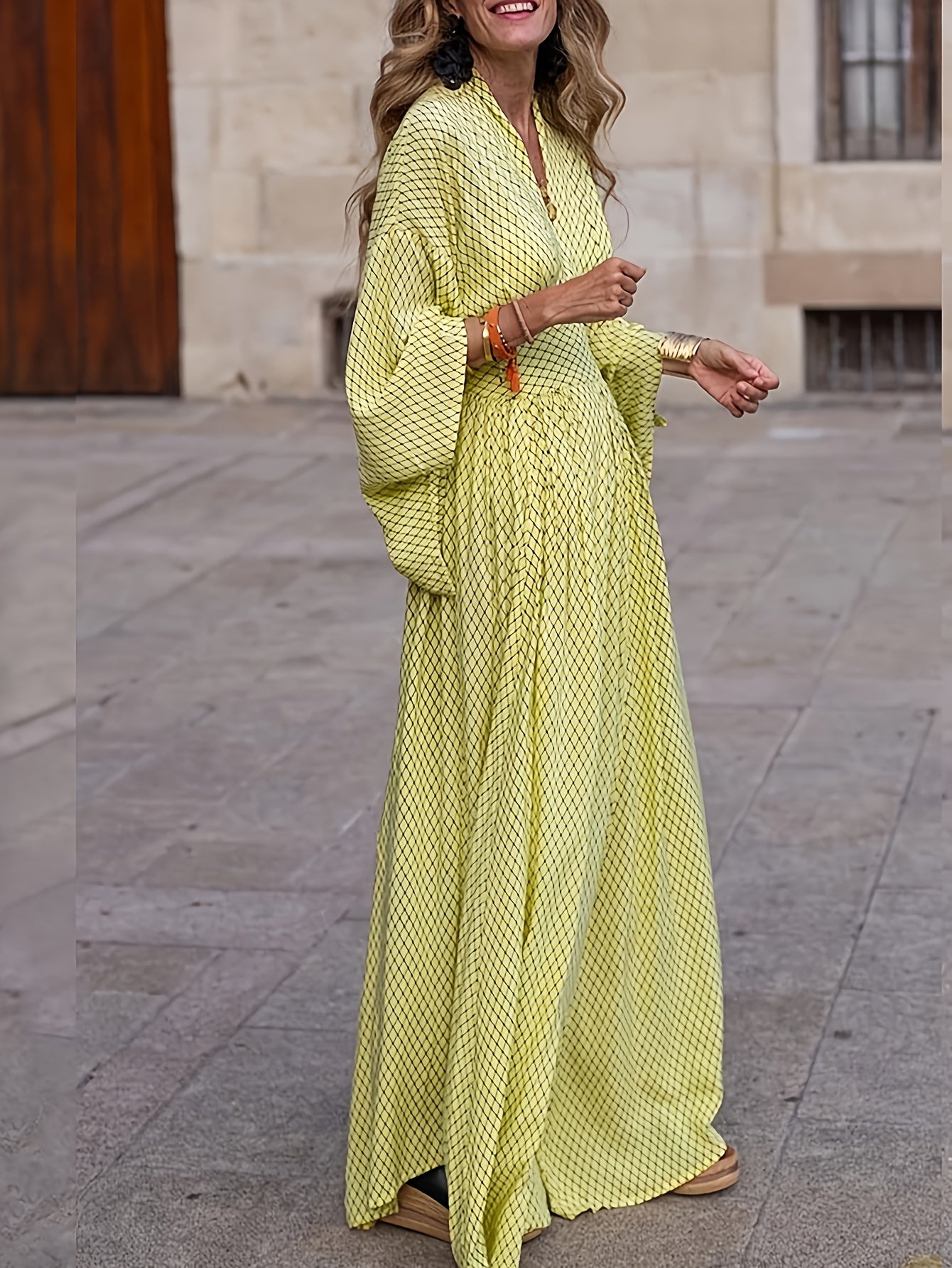 [2024 New Long Sleeve] 2024 New Long Sleeve Loose V-Neck Dress | European & American Style Waist-Defining Flared for Women