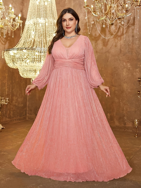 Elegant Plus Size Gown • V-Neck Lantern Sleeve • Long Formal Dress for Weddings, Prom, Concerts & Graduations • Solid Color All-Season Wear • Sophisticated Design Quality Craftsmanship