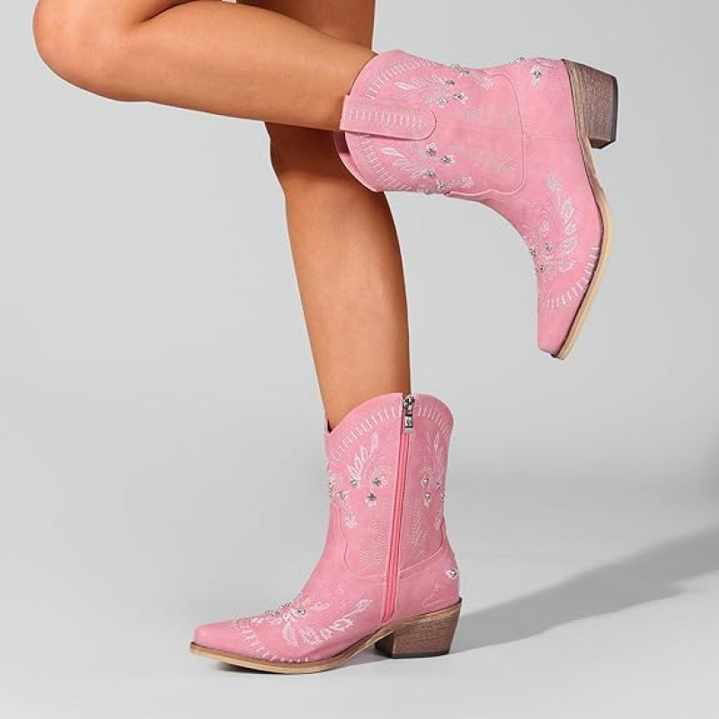 Women's Sparkling Rhinestone Western Cowboy Boots with Floral Embroidery - Chunky Low Heel Square Toe Ankle Booties, Pink Pull-On/Snapback (Zipper Closure) for Weddings, Parties, Prom - All-Season Round or Square Toe  Boots