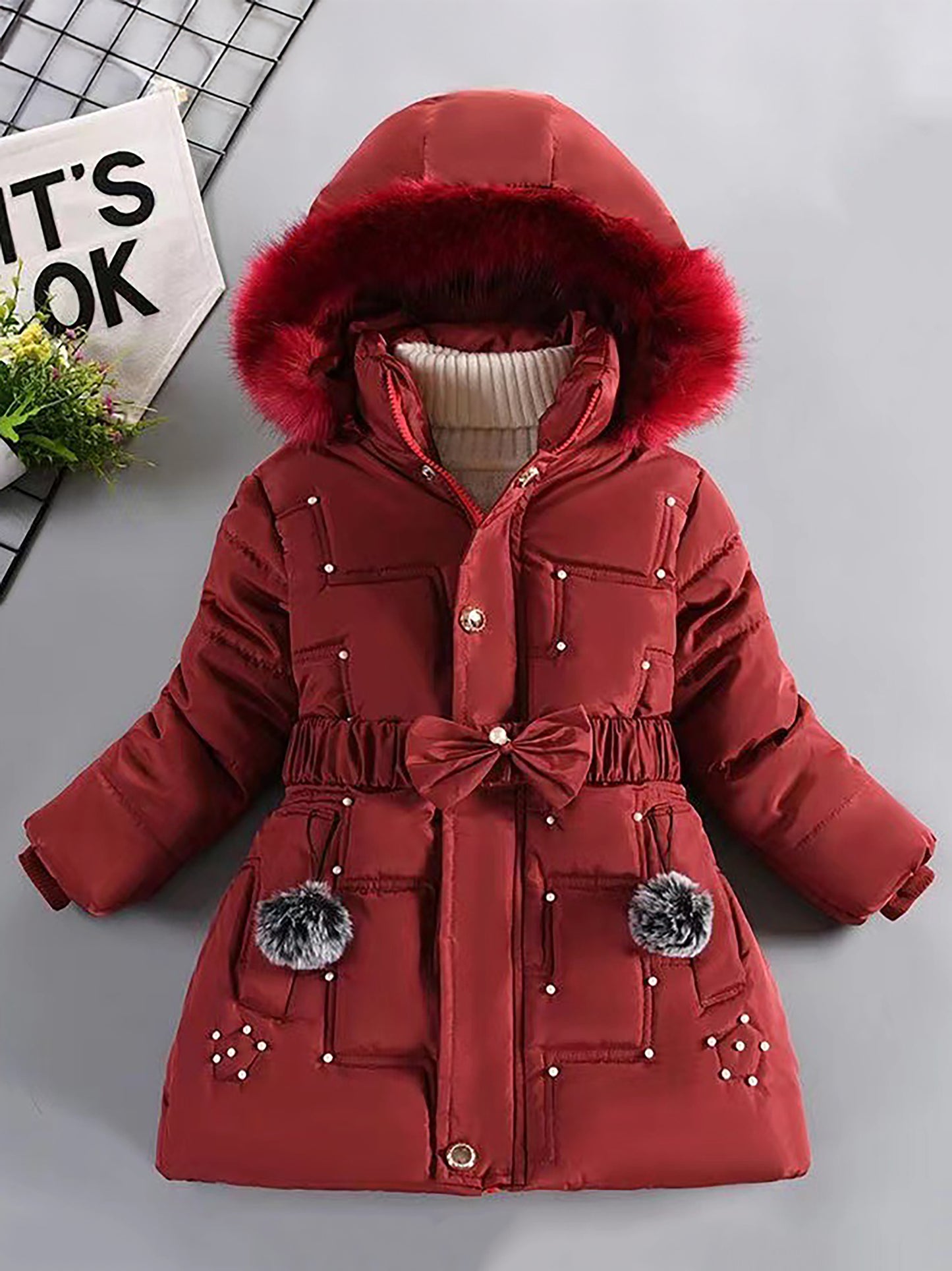 Girls' European & American Style Winter Coat - Thickened Warm Full-Zip Hooded Jacket with Full-Zip Closure, Windproof &, Winter Clothes For Girls