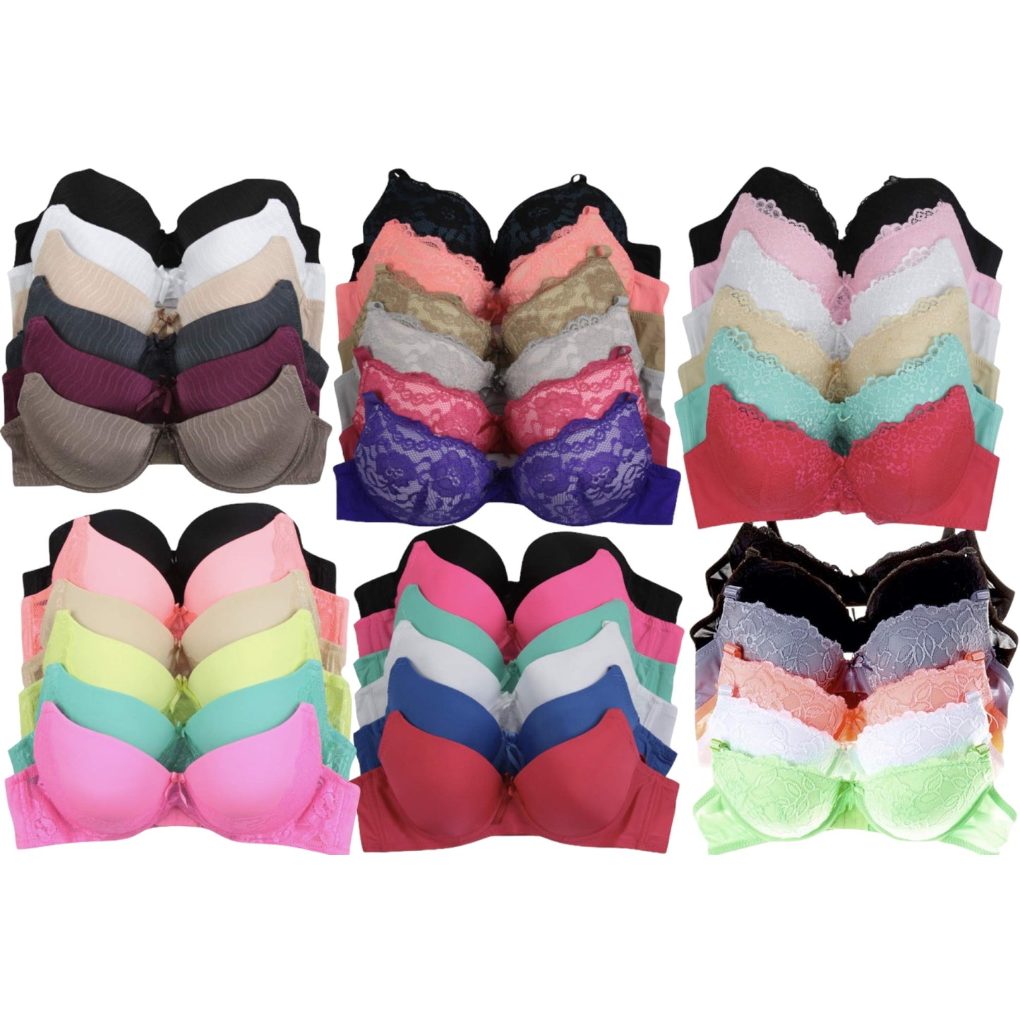 Women's 6-Item Pack of Random Assortment Print Bras with Underwire Sizes 30A to 40C
