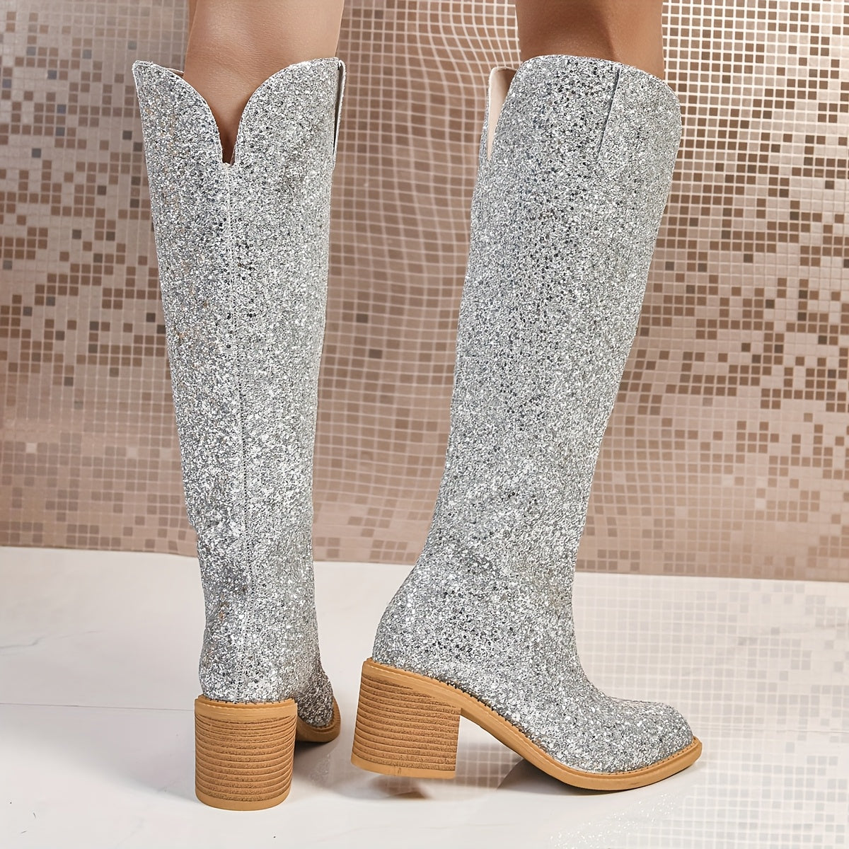 Elegant Silvery Glitter High-Top Boots: Pointed Design, Low Heel, Slip-On Style - Timeless Luxury for Any Occasion