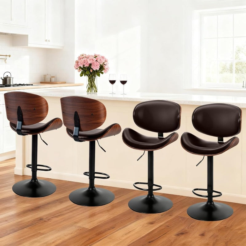 Bar Stool Set (2-Piece/4-Piece/6-Piece), Adjustable Bar Height, PU Leather-Covered Seat, Ergonomic Backrest and Footrest, Non-Slip Rubber Base, Suitable for Bars and Home Kitchen Islands, Black