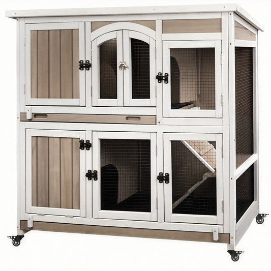 Double-Layer Rabbit Cage for Indoor & Outdoor Use, 47.2-Inch Wooden Bunny Hutch with Wheels and Sliding Trays + Ramp, Gray – Ideal for Rabbits, Guinea Pigs, and Small Pets #PET33-GREYWHITE