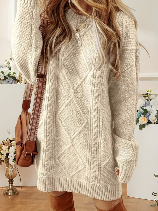 Women'S Elegant Sweater Dress - Beige/Neutral Tones, Loose Fit Long Sleeve Round Neck with Ruffled Hem, Textured Winter Clothing for Casual & Formal Events, Easy-Care Cozy Sweater Dress for Fall & Winter Wardrobe Essentials,