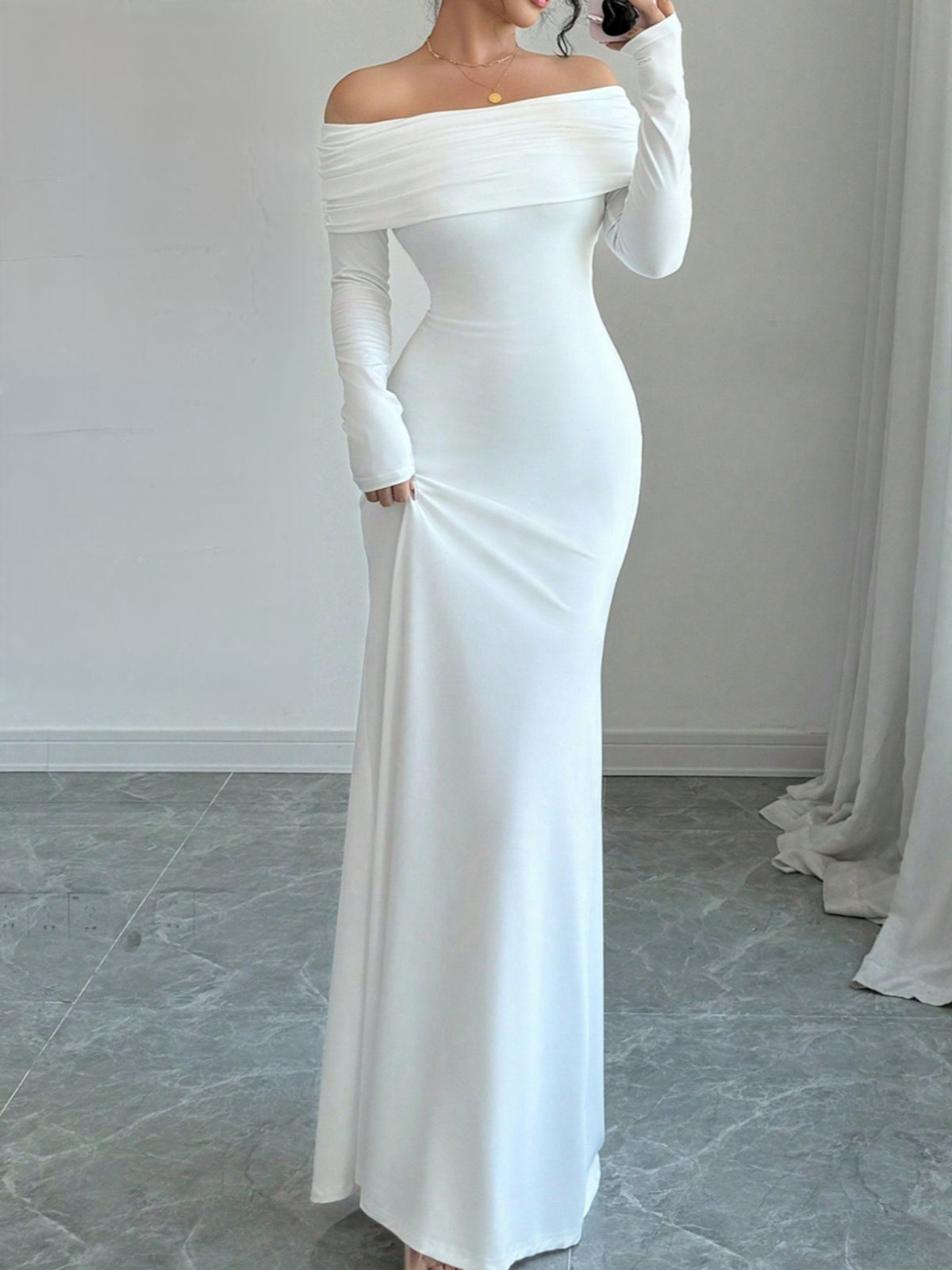 Backless Off-Shoulder Gown | Women'S Sexy Elegant Evening Dress, Long Sleeve, Solid Color, Perfect for Spring/Fall, by SCACTO