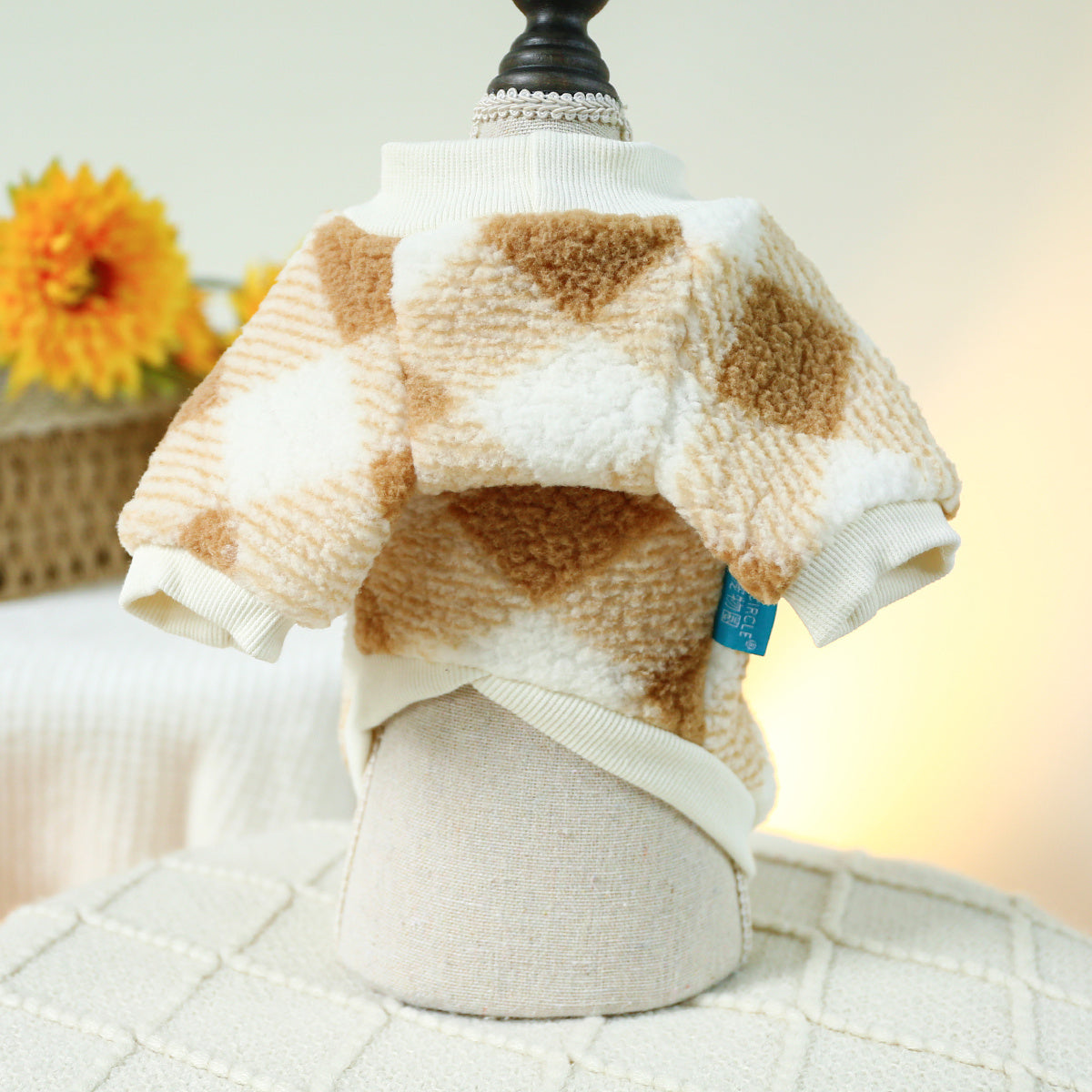 Brown Plaid Letter Embroidered Dog Coat with White Patches - Zippered Winter Jacket for Small & Medium Breeds (Bichon, Pomeranian, Teddy Bichon Frise) - Warm Pullover Sweater, Easy On/Off Pet Outerwear