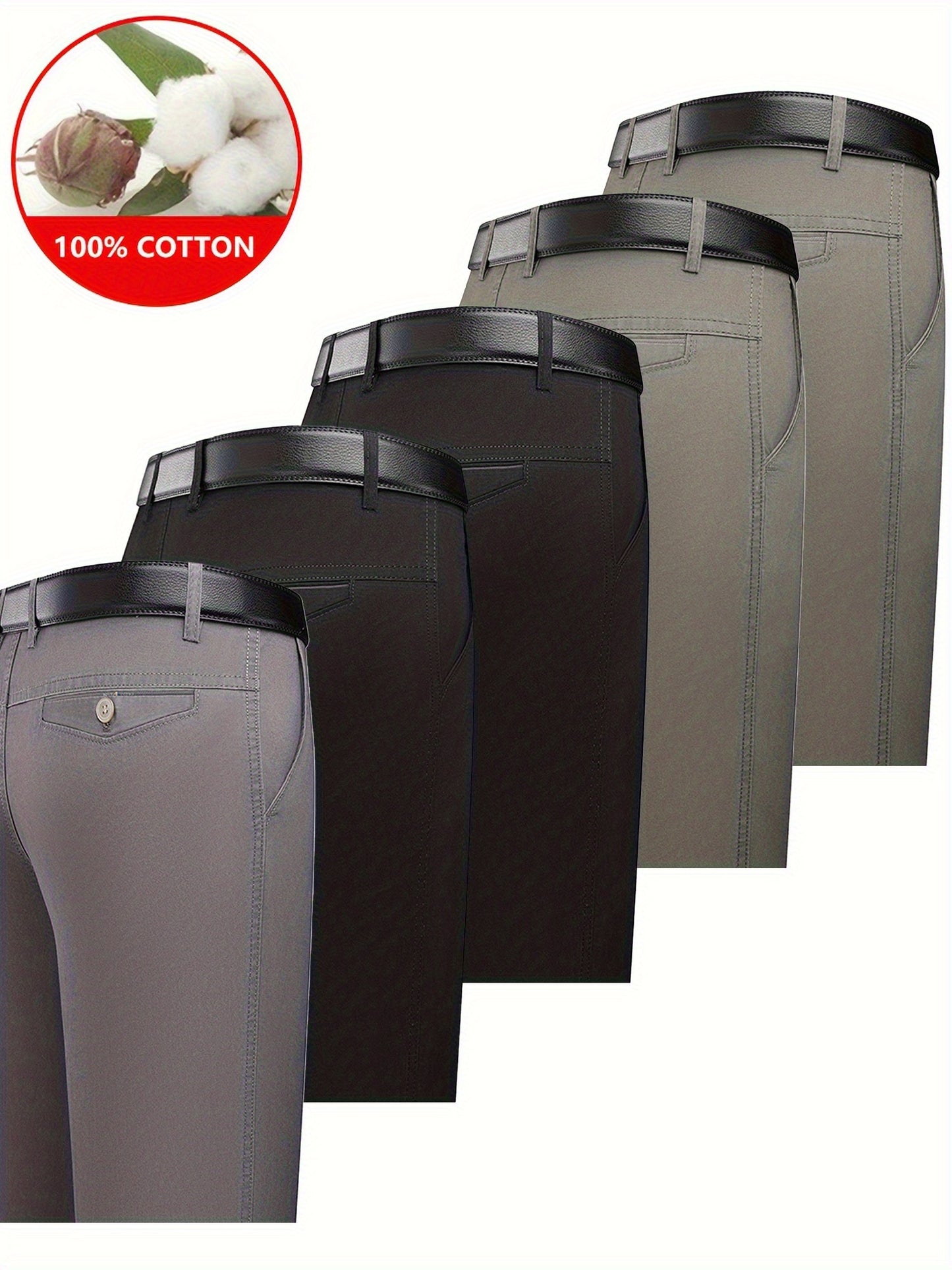 5pcs 100% Cotton Business Casual Pants - High-Waisted Breathable Trousers with Belly, Straight-Leg Cut & Button Closure, Soft Comfortable Pants Suitable for Workplace Commuting & Daily Wear, Spring/Autumn Wardrobe Essential