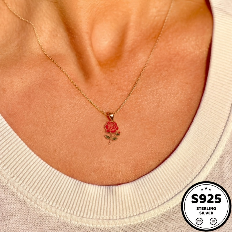 925 Sterling Silvery Red Rose Pendant Necklace, 18K gold plated 18K gold plated-plated Teenager'S Necklace, Chain, Waterproof, Sweat-proof, Inlaid With Synthetic Synthetic Zircon, Daily Wear, Holiday, Birthday, Anniversary