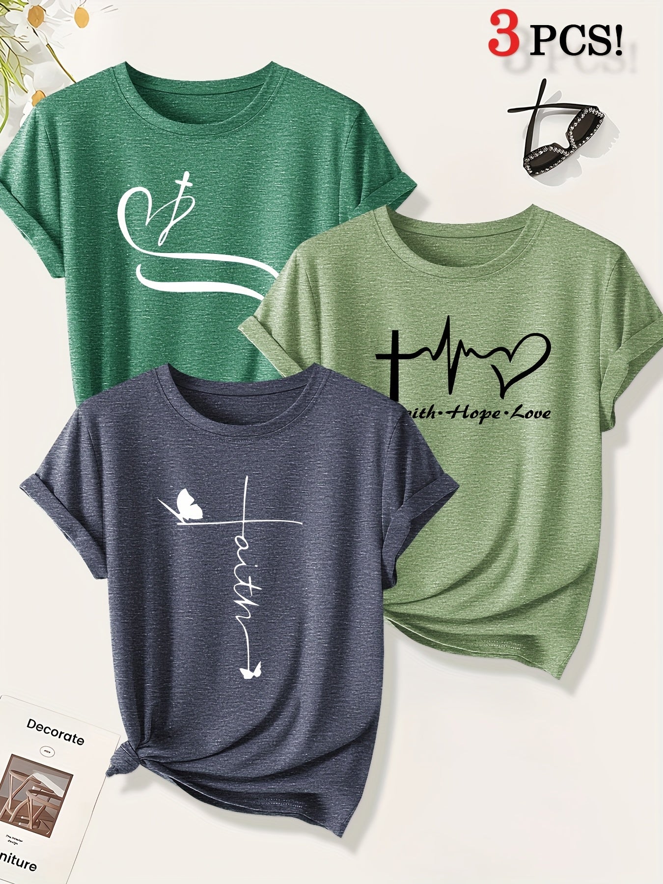 [Christian Cross T-Shirts] A Set of Three Women's Christian Cross Pattern Short-Sleeve T-Shirts Featuring Crosses, Hearts, And Butterfly Prints, Perfect for Casual Summer Wear. Stylish, Elegant, And Versatile, Available in Mu