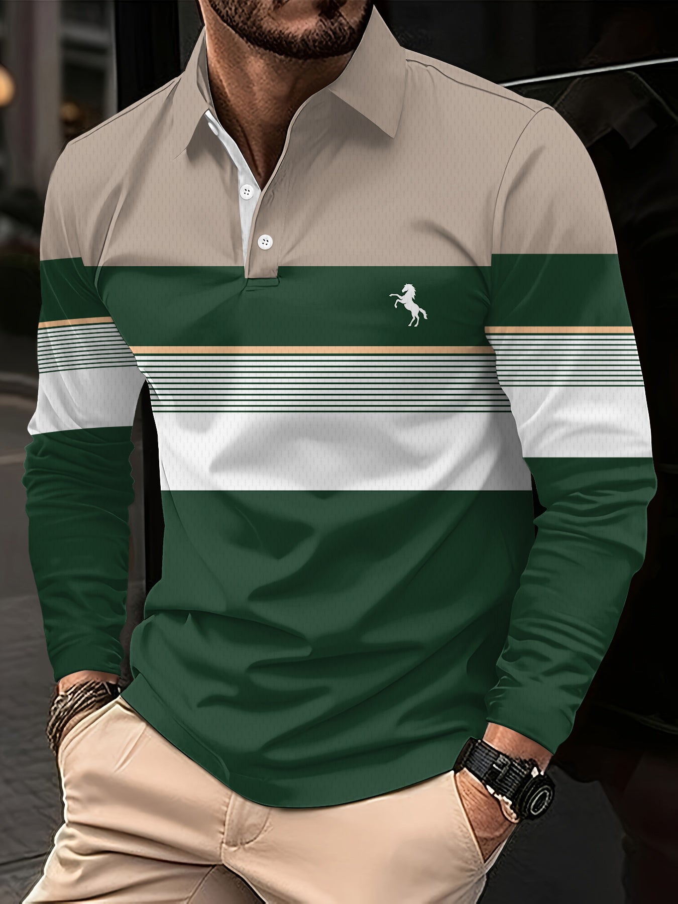3pcs set • Men's long-sleeved shirt with 3D printed casual golf shirt • Striped design and English logo pattern • Sporty style • Men's long-sleeved shirt
