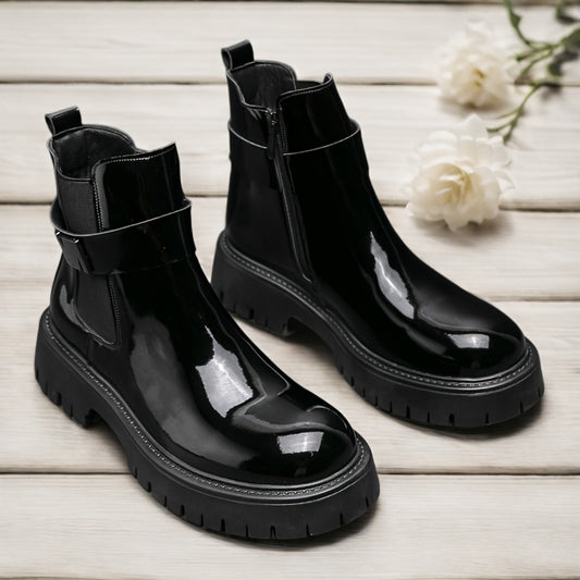 Men's Glossy Black Boots - Thick-Sole Zipper Closure Ankle Boots, Super Fiber Synthetic & Slip-Resistant Rubber Sole for Summer, Business Casual & Daily Wear, Sleek Round Toe Design, Stylish Streetwear, Korean Fashion, Comfor