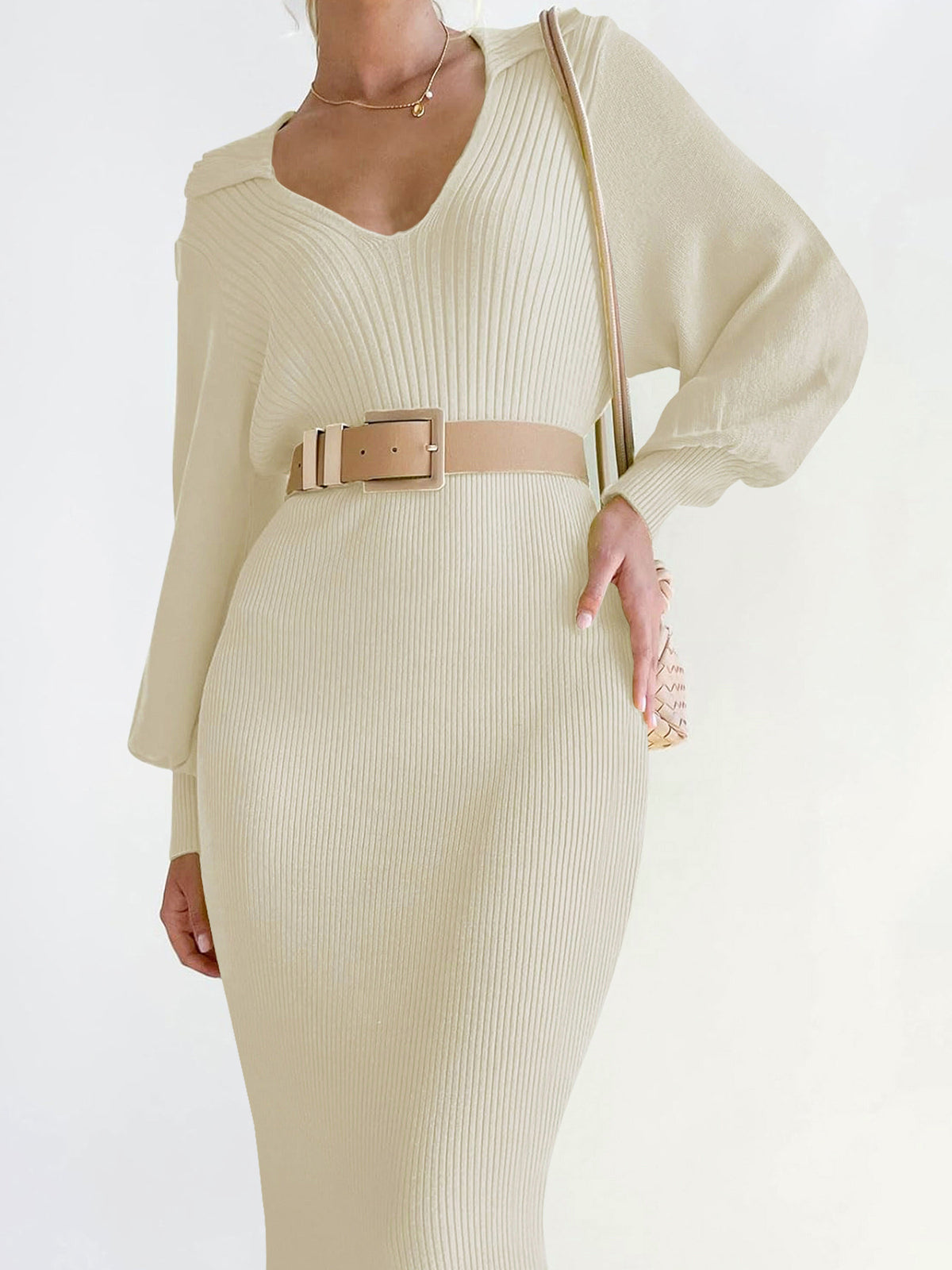 's 2025 New Winter Sweater Dress - Short White V-Neck Button-like Waist (No Buttons) Smock-like Collar, Lantern Bell Sleeves, & Tailored Hug Fit - Solid Color Dress for, Weddings, Parties (Hand Wash/Dry