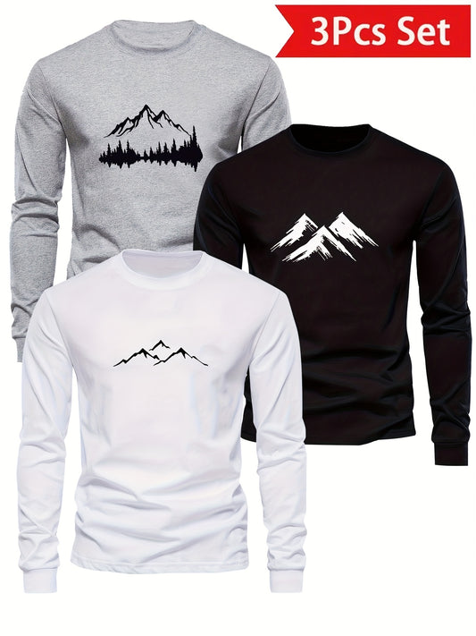 KUQIQIBOY Boys' 3pcs Thermal Long Sleeve T-Shirts - Mountain & Pine Tree Print Short Sleeve-like Round Neck Knit Shirts, Grey/White/Black, Layered Winter Wear for &, Machine Washable Outdoor School & Outfits, for Teenager, Wa