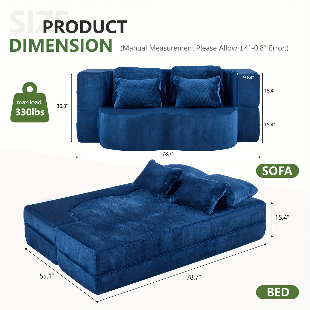 Queen Size Foldable Sofa Bed, Chenille Futon Sofa Couch, High-Density Foam Convertible Sleeper Sofa, Foldable Floor Couch Bed for Living Room, Guest Room, Bedroom