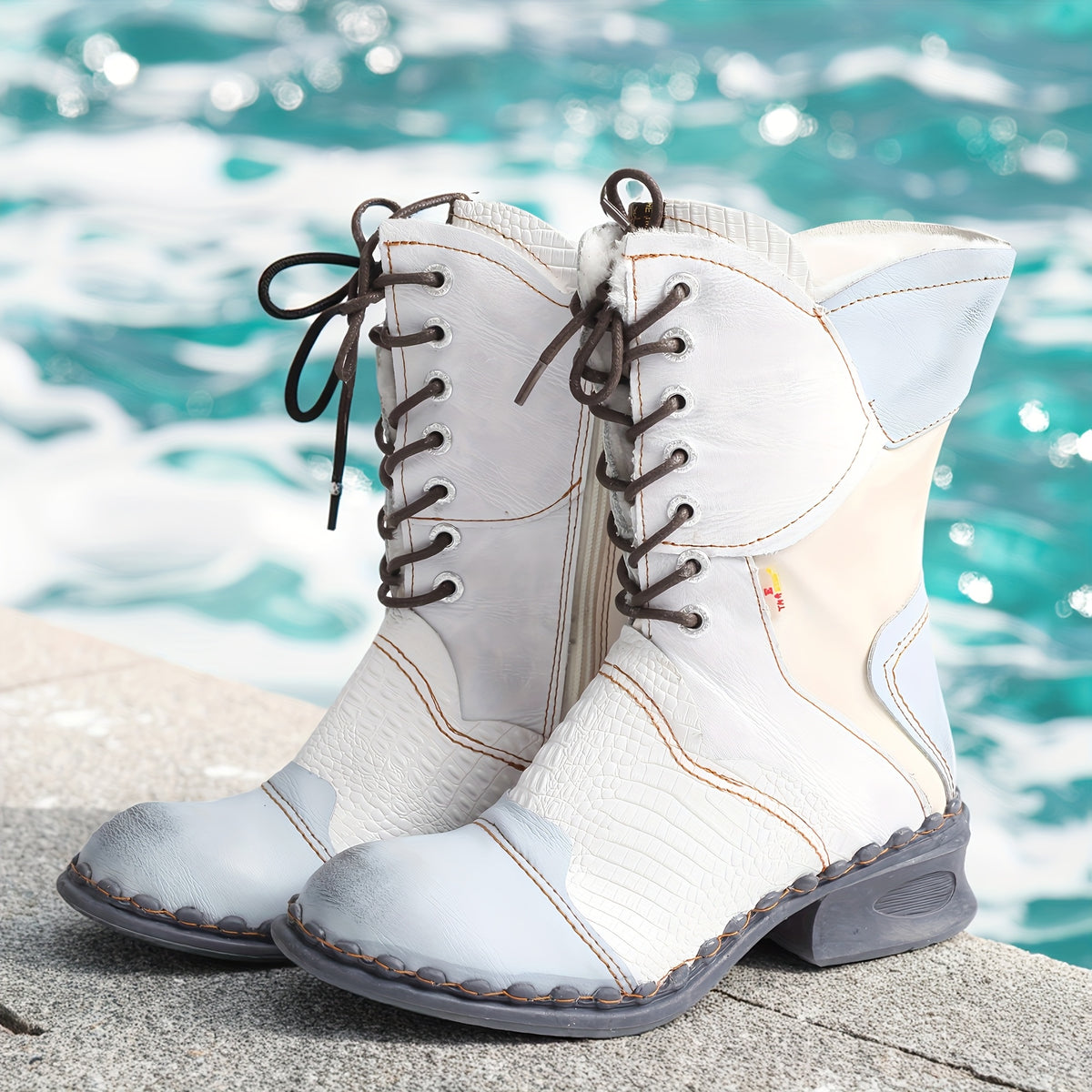 TMA EYES Women's Stylish Winter Calf Boots - Warm, Anti-Slip, Mid-Chunky Heel with Side Zipper & Laces-Up Design, Two-Layer Cover Upper in White & Blue, Casual Thick Sole for Cold Weather