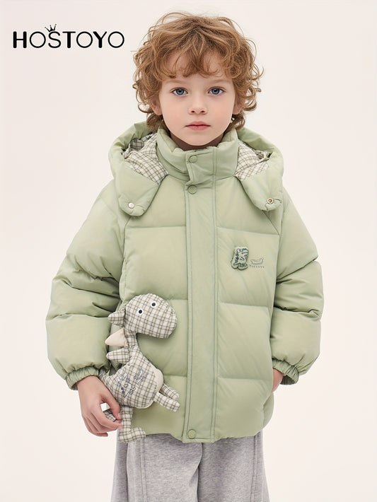 HOSTOYO Boys' Lightweight Duck Down Jacket with Dinosaur Plush Hooded Winter Coat - Full-Zip Warm Winter Jacket, Soft Plush & Zippered Pockets, Dinosaur Decor For Boys (hand Washable) - Ideal For School, Playdates & Outdoor