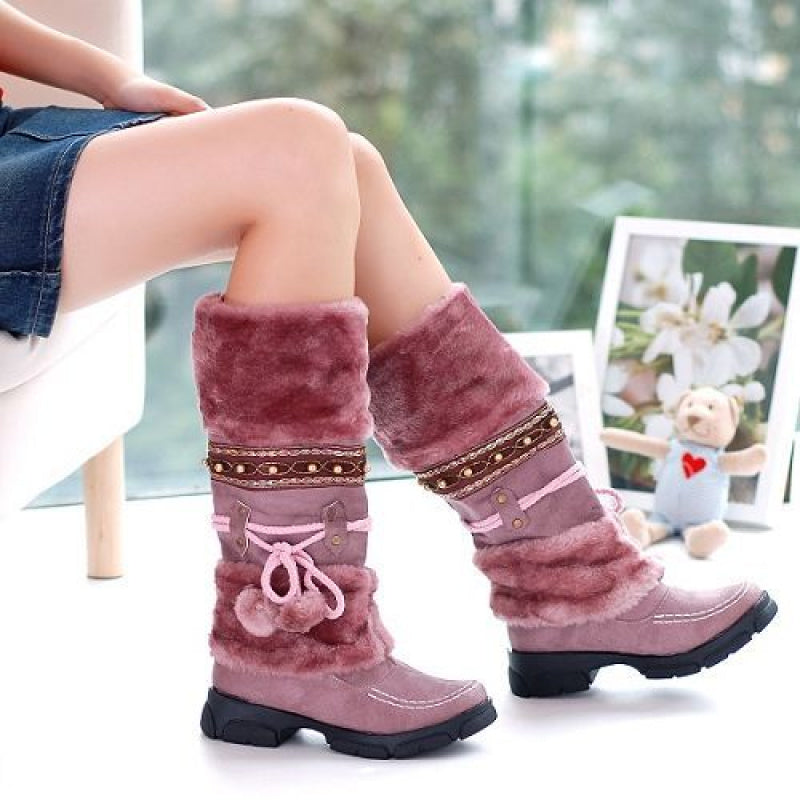 Women'S Winter Warm Fuzzy Ball Lace-Up Snow Boots with Plush faux fur Collar & Non-Slip Rubber Sole - Mid-Calf Round Toe PVC Upper Boots for Cold Weather, Cozy Casual & Semi-Formal Outfits () - Durable & Easy-Clean Design