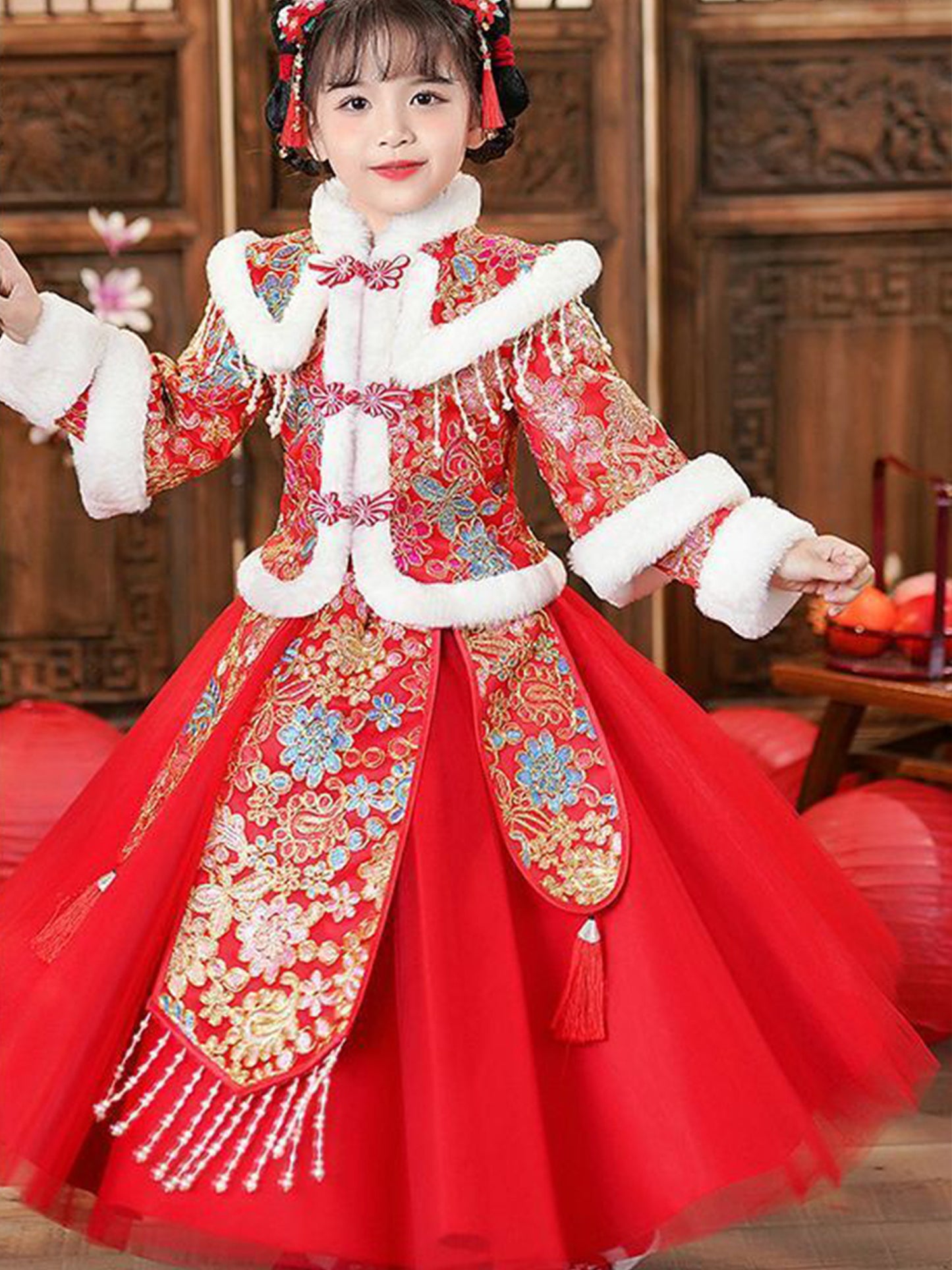 Girls' Traditional Chinese New Year Dress - Winter Warm Fleece-Lined Princess Dress with Tassel Hem, Vibrant Red & Golden Geometric Pattern, Zipper Closure, All-Season Elegant Party Outfit for Lunar New Year Celebrations
