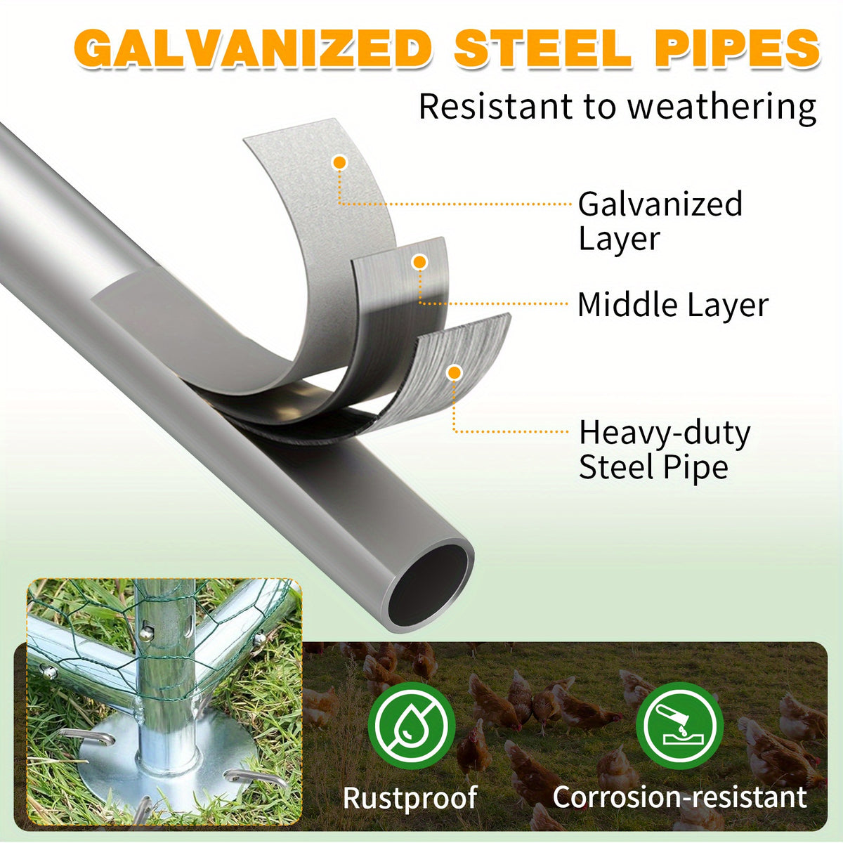 Multi-Size Splice Galvanized Pipe 180g PE Rain Sheet Metal Round Top Chicken Coop Iron Chicken and Rabbit Cages, Extra Large Chicken Coop, Chicken Coop Supplies, Wooden Chicken Coop, Galvanized Chicken Coop, Outdoor Enclosure