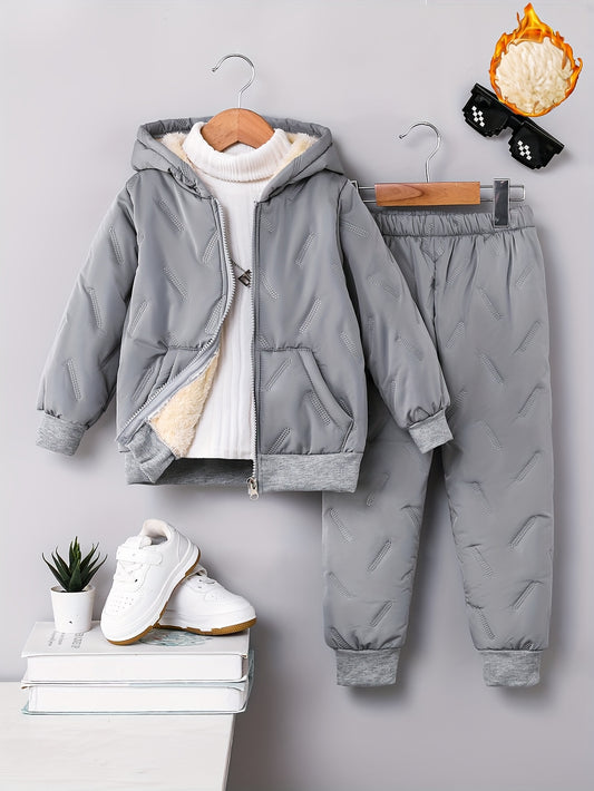[Trendy Boys' Hooded Set] 2pcs Boys' Thickened Lined Hooded Zip-Up Sweatshirt and Pants Set | Autumn/Winter Fashion Solid Color Design, Comfortable Trendy Versatile Sporty Children's Clothing for Outdoor Activities and Daily