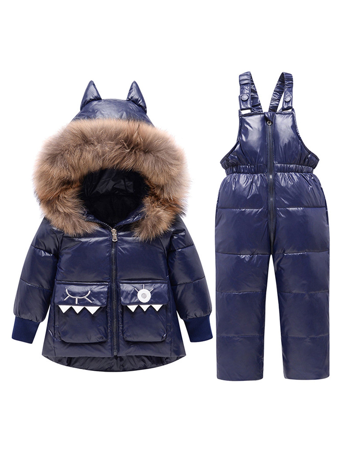 2pcs Windproof Hooded Jacket+ Suspender Snow Pants for Girls& Boys, Winter Thickened Warm Hooded Ski Outfit, Kids' Outdoor Sports Ski Suit, Ski Suit for Kids, Snow Play Clothes, Winter Clothing, Functional Kids Wear, Sporty D