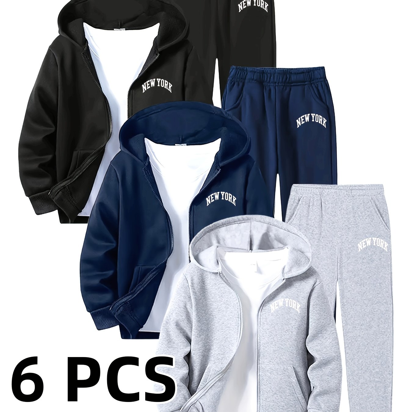 [ 6pcs Set ] Autumn New Men'S Hooded Sweatshirt Set, Both Sweatshirt And Sweatpants Are Printed with The Words "NEW YORK", Highlighting The Urban Trend. Regular Version, Machine Washable, Suitable for Daily Leisure And Outdoo