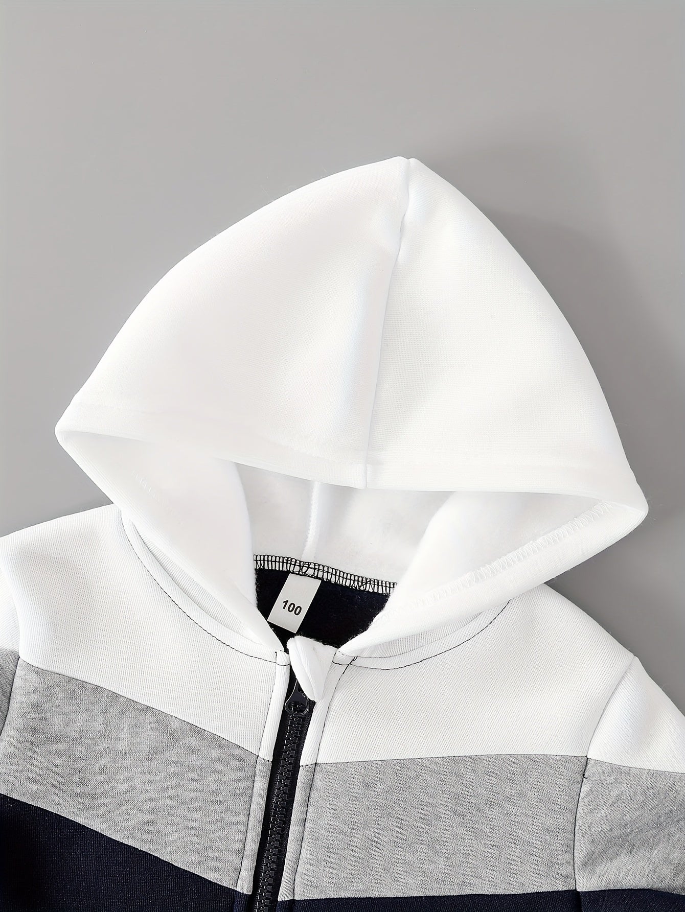 DONABEBE Boys' 2pcs Winter Thermal Full-Zip Hooded Jacket & Full-Zip Pants Set - Heavy-Duty Warm Outerwear, Full-Length Zipper Closure, White/Gray/Navy Blue Color-Block, Thickened Outer Jacket with Fleece Lining, Casual & For