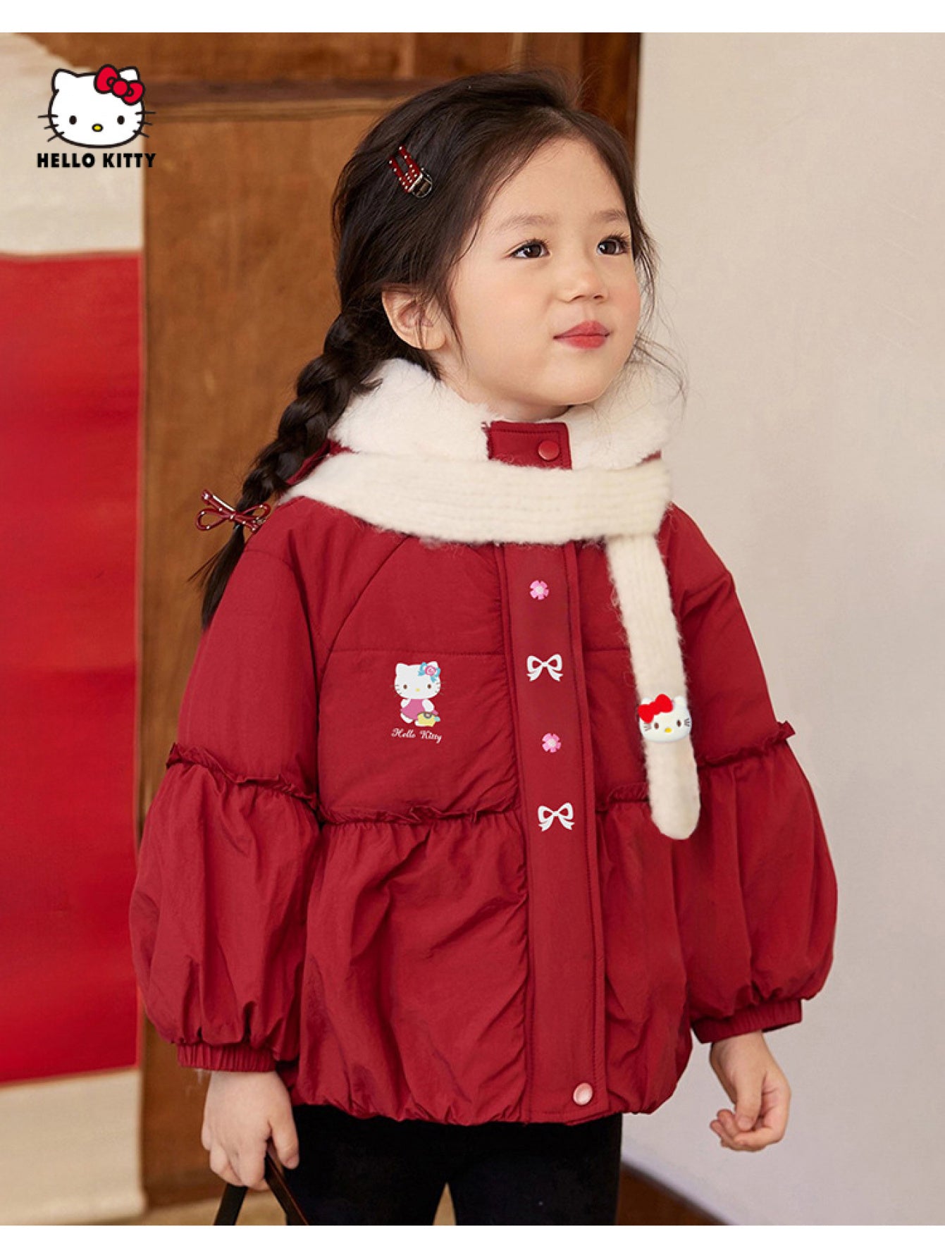 Sanrio Girls' Winter Jacket with Hood - Thick Warm Duck Down Insulation, Cute Anime Character Design, Soft Fluffy Fabric, Loose Fit Full-Zip Coat with Pockets, Red & Color for Casual & Special Occasions (Officially Licensed)