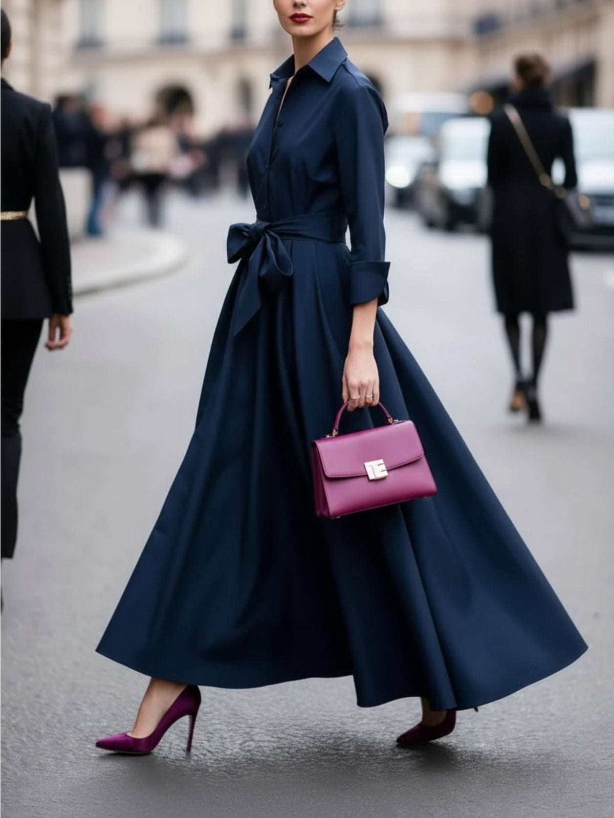 Navy Blue Collared Tie-Waist Long Dress for Women | Elegant Fall/Winter Collection, Retro Elegance Style, Suitable for Workplace, Formal Dinners, and Other Occasions