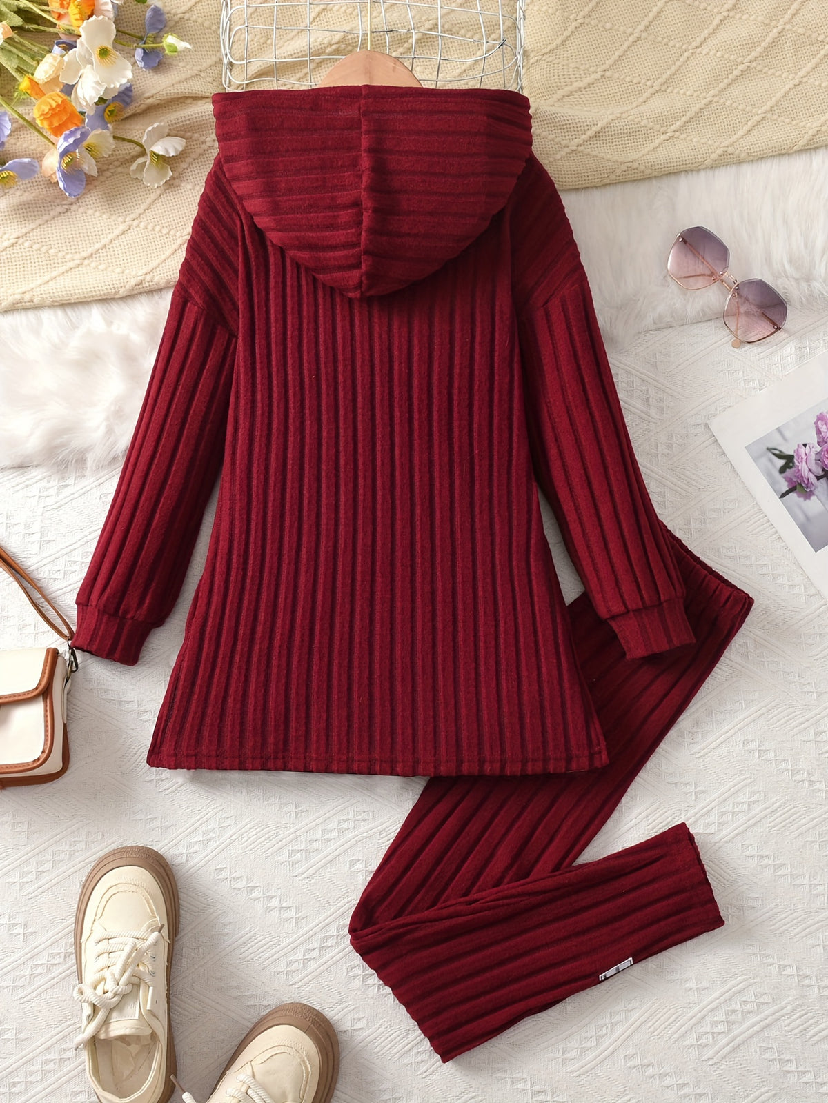 Girls' 2pcs Set, Long Brushed Solid Color Patch Hoodie Pullover and Elastic Waist Leggings, Girls' Autumn Winter Casual Set, Perfect for Outdoor