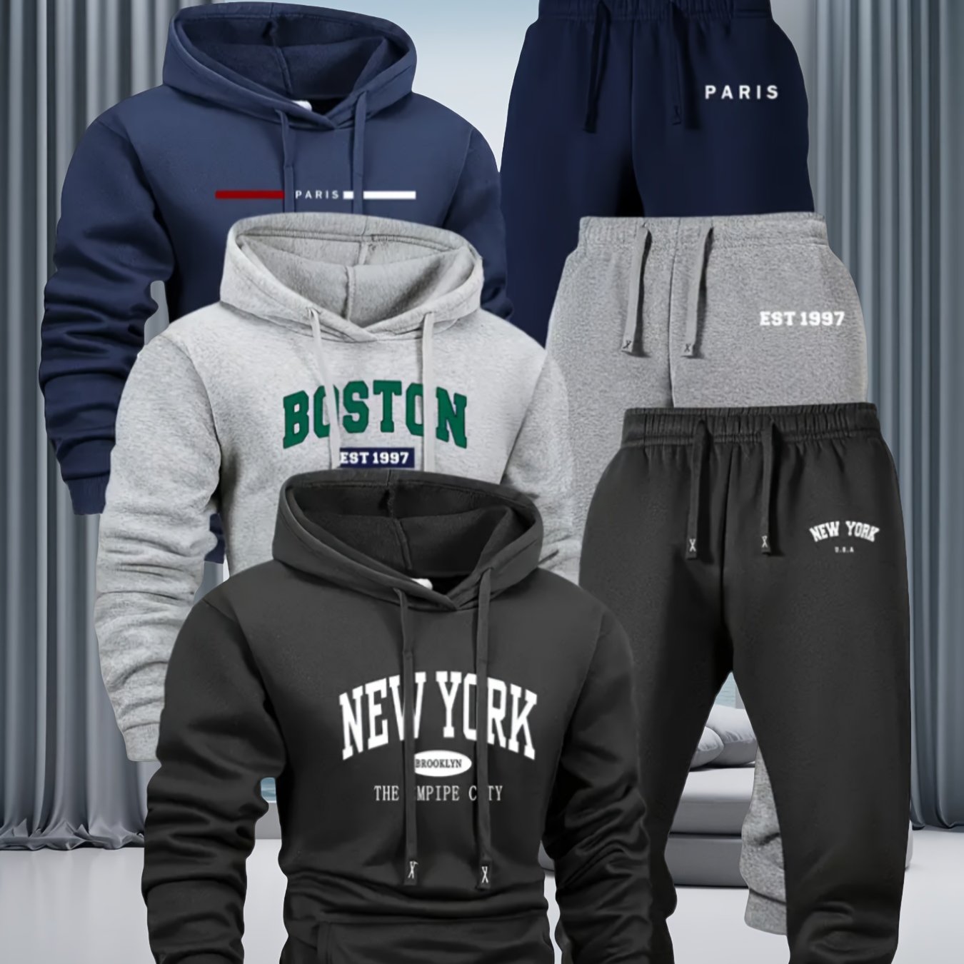 6pcs Men'S Spring/Autumn Solid Color Casual Suit, Long Sleeve Hoodie and Drawstring Pants, Outdoor Sports Leisure Set