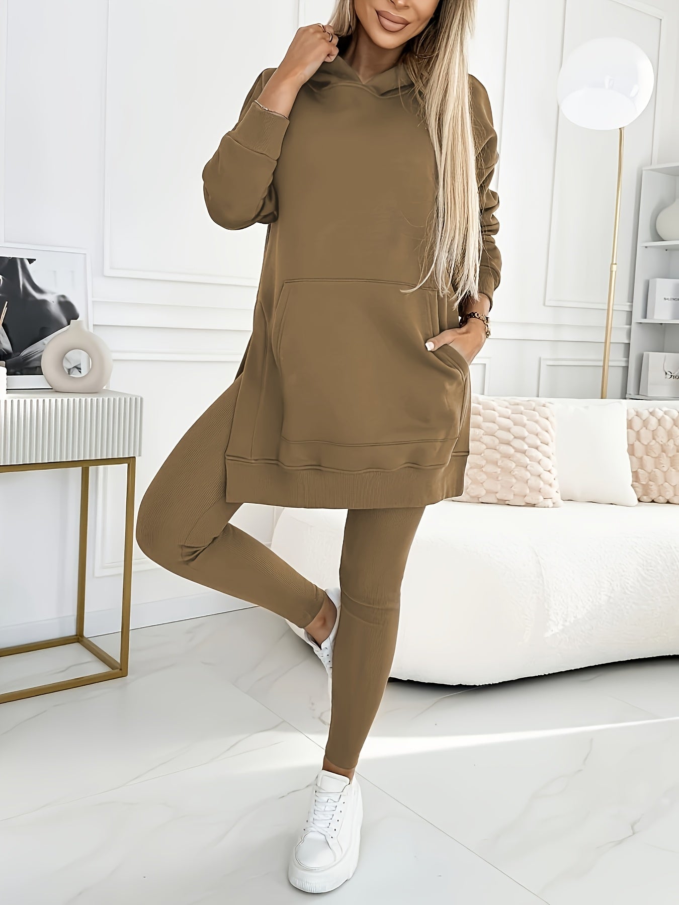 Directional Casual Suit, Women'S Solid Color Hooded Sweatshirt + Solid Color Leggings Two-Piece Set, Machine Washable And Dry Cleanable, Suitable for Daily Commuting