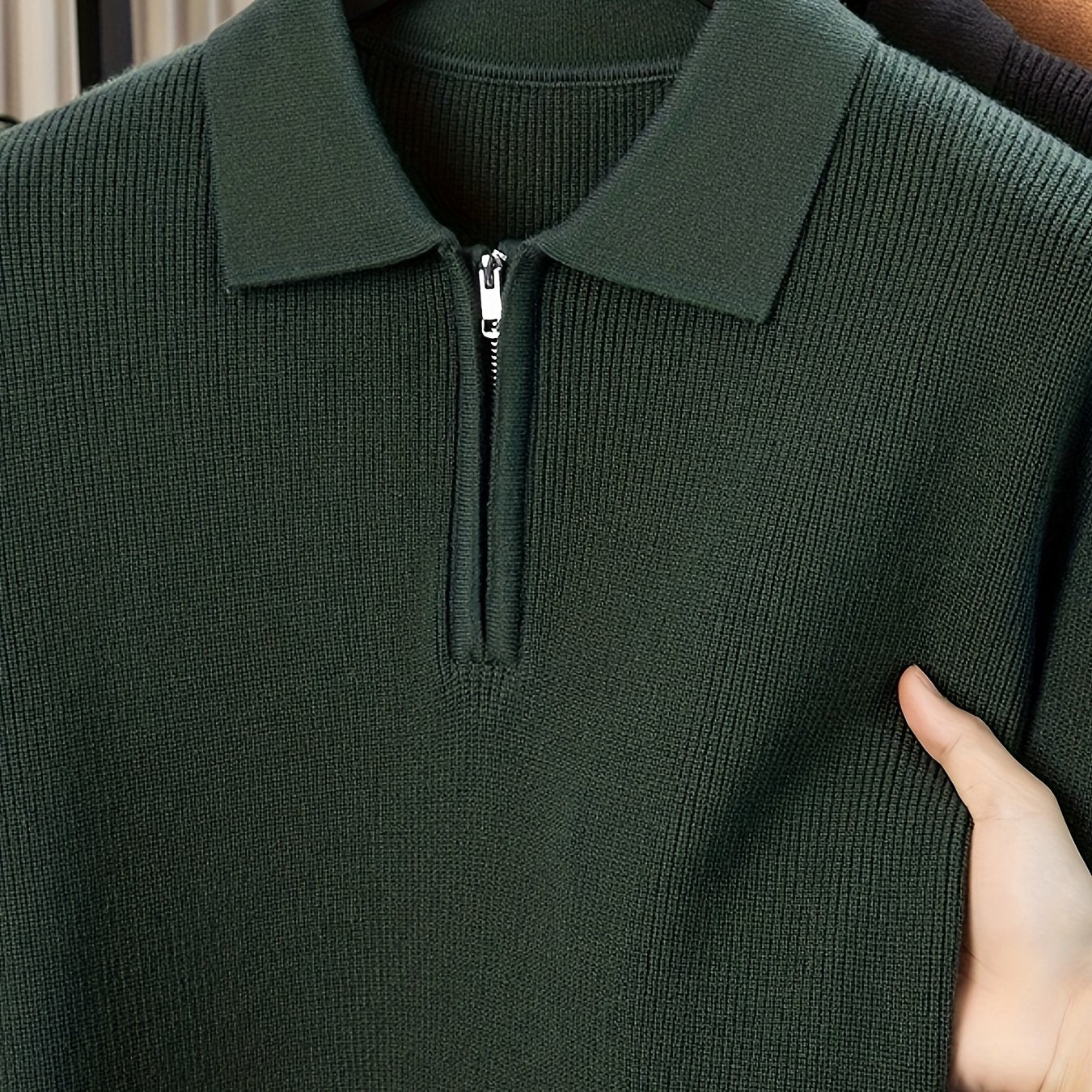 Men'S Heavyweight Thick Sweater - Slim-Fit Long Sleeve Winter Warmth, Square Neck & Drop Shoulder Design, Solid Brown/Red Elegant Knitwear, Durable Half-Zip Front Closure, Casual & Formal Office Wear, High-Stretch Fabric for