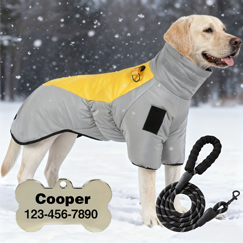 Custom Pet Tag, 2pcs Set, New Large Dog Warmth Coat + Leash, Thickened Windproof Dog Clothes for Medium and Large Breeds in Autumn and Winter, Cold Weather Gear, Durable Material, Stylish Petwear, Seasonal Petwear, Outdoor Ac