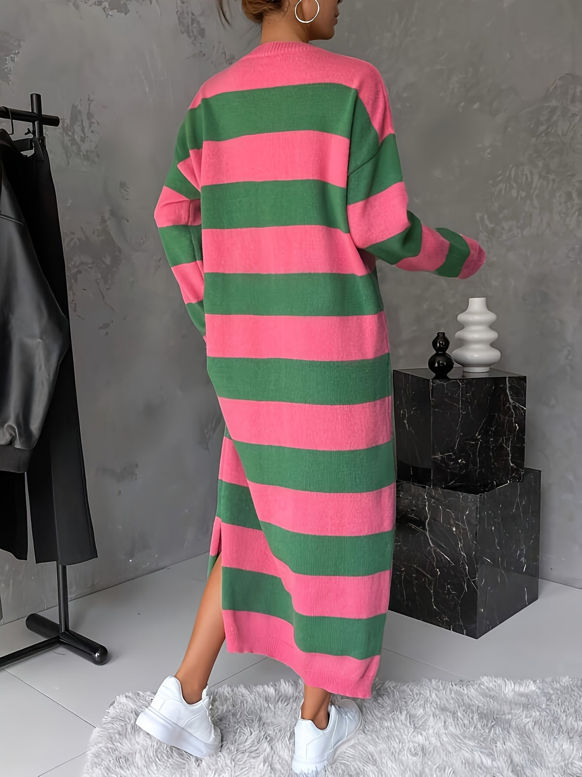 Women'S Elegant Striped Sweater Dress - Long Sleeve Round Neck Winter Dress with Drop Shoulder & Slit Hem, Loose Fit Casual to Formal Outfits, Warm Fall/winter Clothing For Parties, Thanksgiving, Christmas Gifts, Party Attire