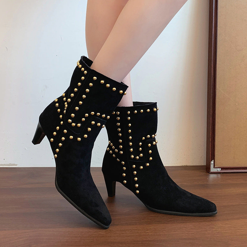 Autumn New Rivet Pointed Toe Mid-Heel Fashion Boots | Suede Slip-On European and American Mid-Calf Boots with Kitten Heel and Genuine Faux Leather Details